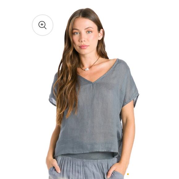 Hard Tail Forever boxy V-neck linen top green minimalist elevated basic S/M boho - Picture 1 of 13